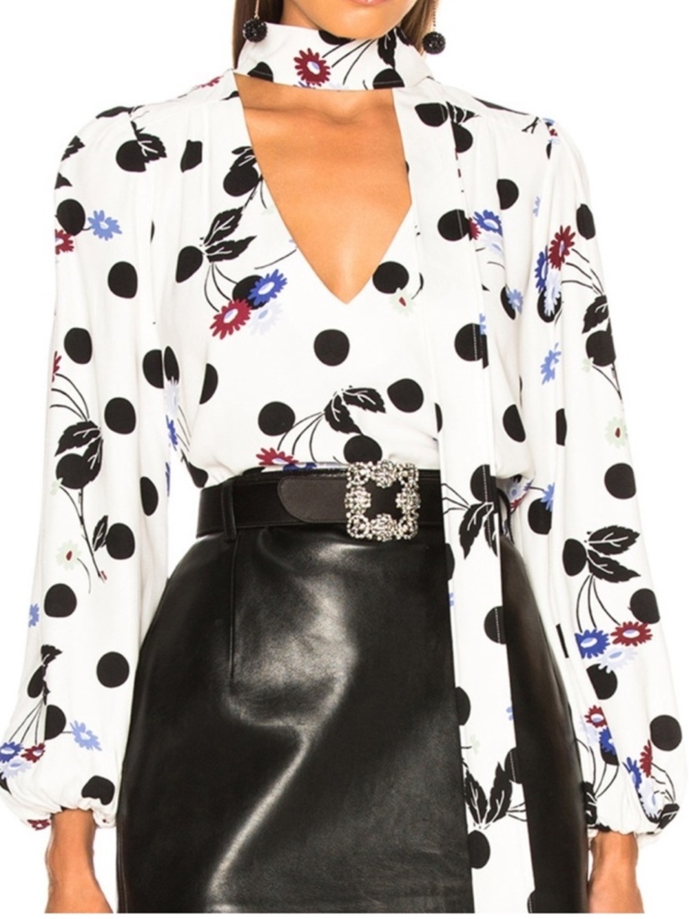 Rixo London Polka Dot Floral Tie Neck Blouse Medium